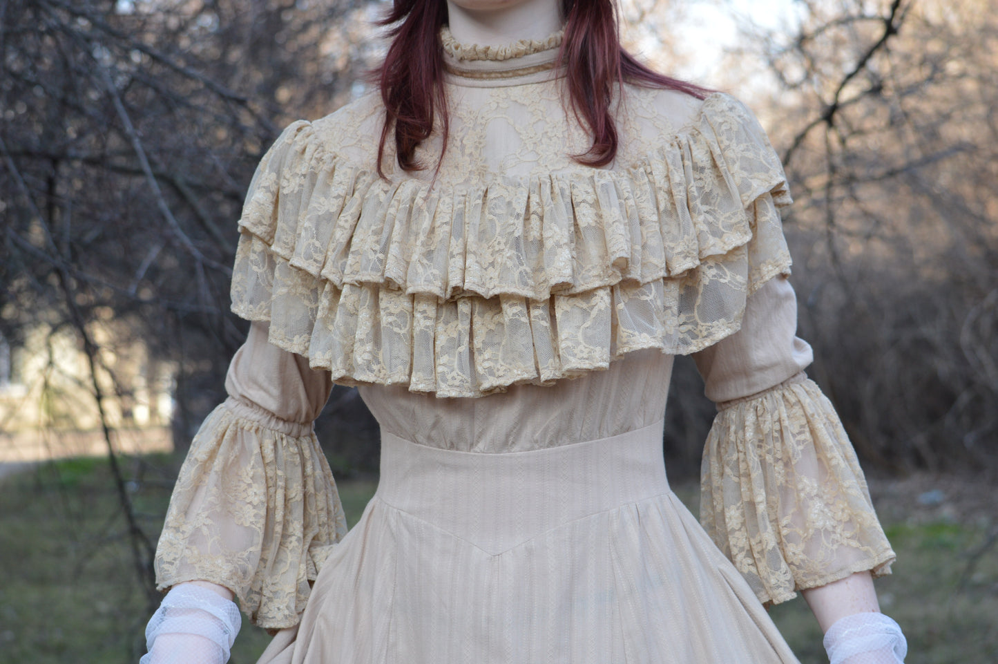 Edwardian beige wedding lace dress and hat