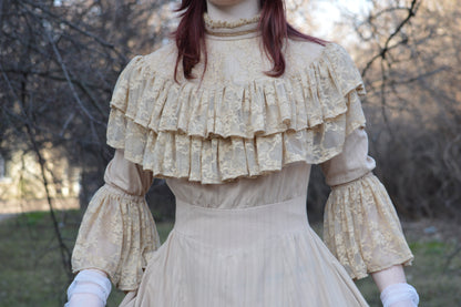 Edwardian beige wedding lace dress and hat