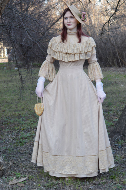 Edwardian beige wedding lace dress and hat